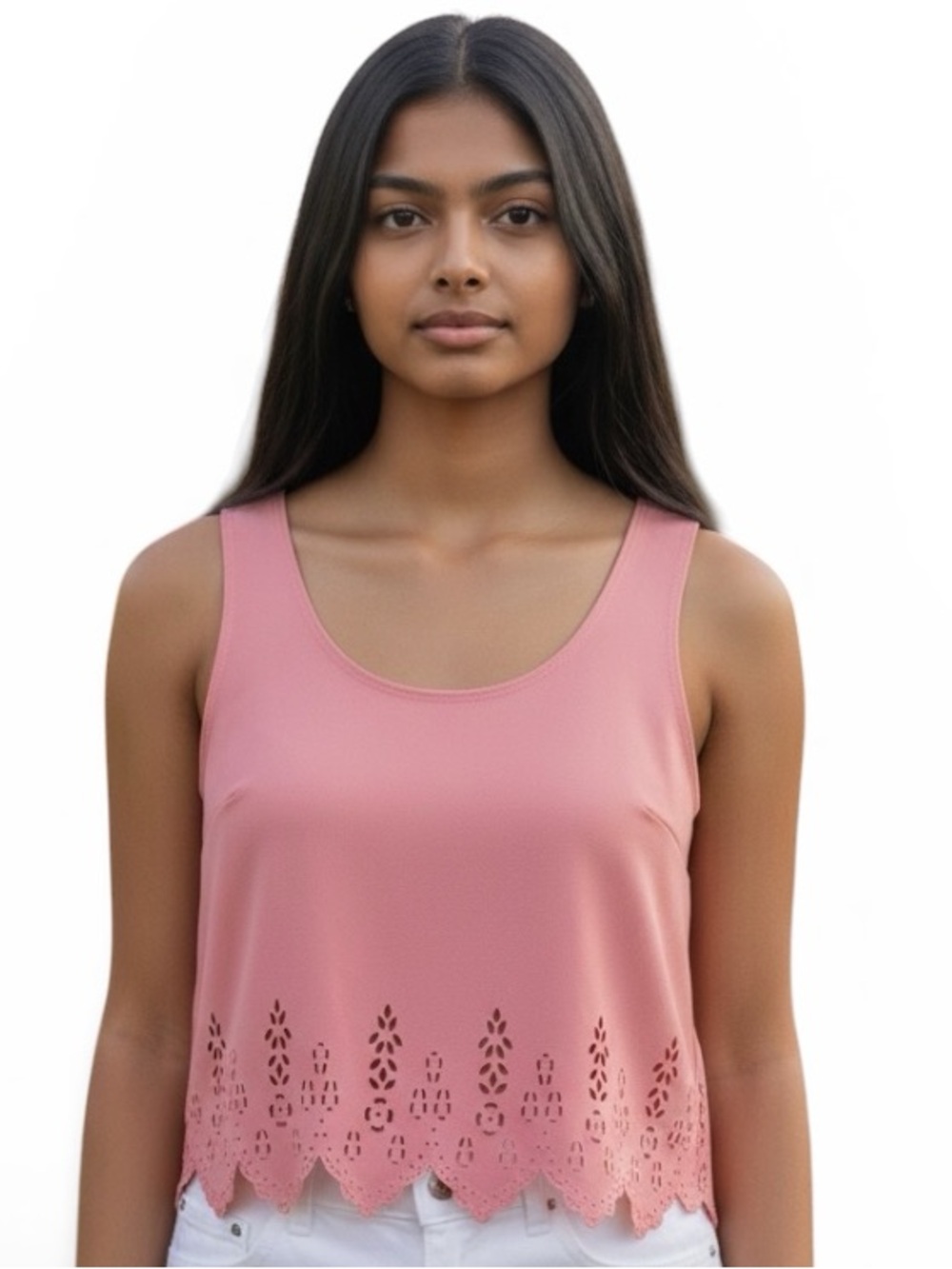 SAY WHAT? CORAL PINK LASER CUT SCALLOPED HEM TANK TOP - Size L